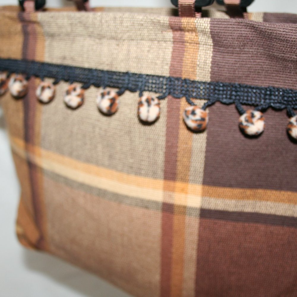 NWOT POM POM PURSE AUTUMN PLAID CANVAS TOASTED BROWN SMALL TOTE BAG CARRYALL - Picture 3 of 15
